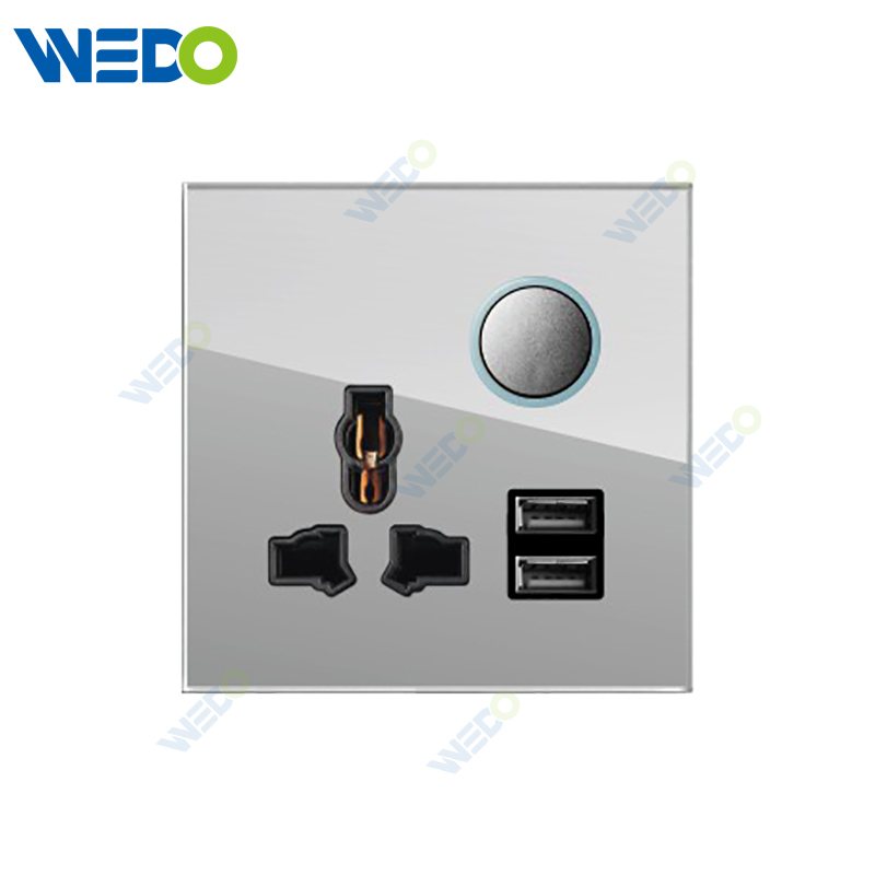 D90 Series 13A MF Switched Socket with LED Light Ring+2USB 250V Light Electric Wall Switch Socket Glass Plate+PC Bottom Material Modern Sockets