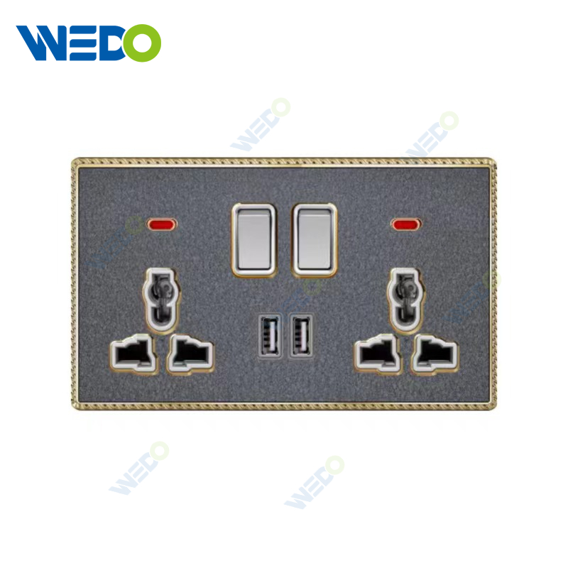 Acrylic Leather British Double 13A MF switch socket/+2USB Wall Switch, Electric Socket Switch