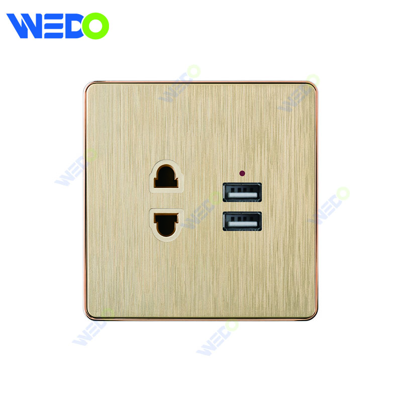 C72 China 2PIN SOCKET+2USB Electric Push Button Light Wall Switch Many Colors White Silver Gold with Chrome