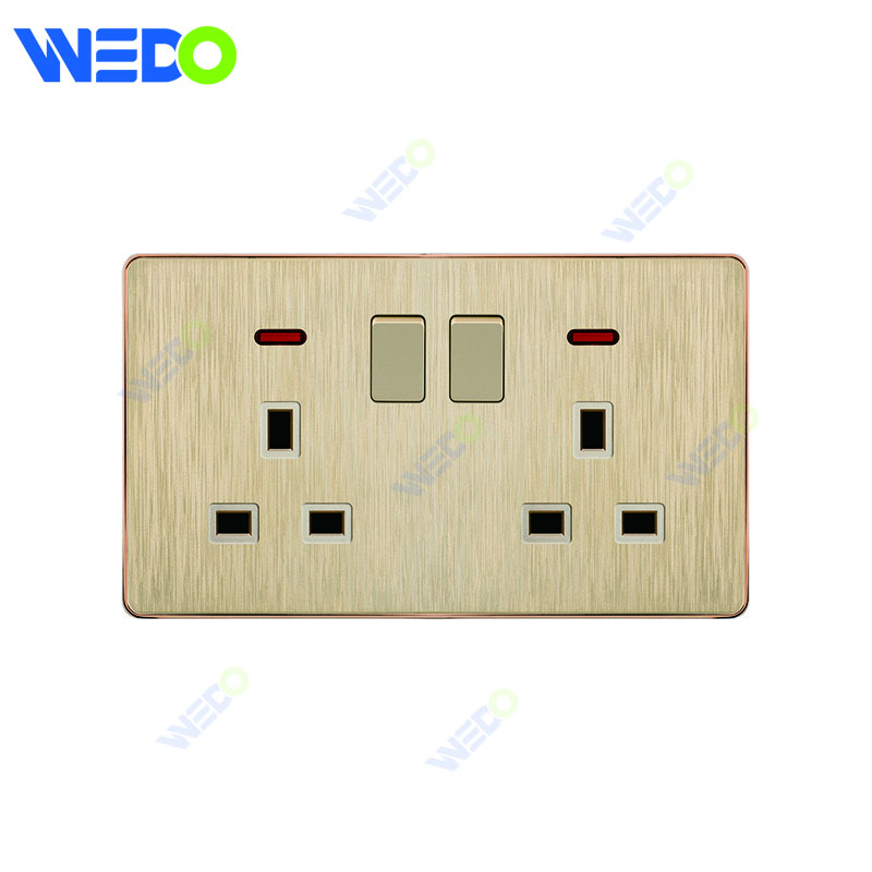 C72 China DPUBLE 13A SWITCHED SOCKET WITH NEON Electric Push Button Light Wall Switch Many Colors White Silver Gold with Chrome