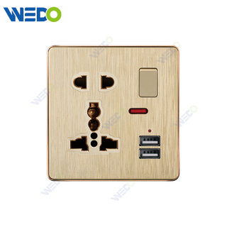 C72 China 5PIN MF SWITCHED SOCKET WITH NEON+USB Electric Push Button Light Wall Switch Many Colors White Silver Gold with Chrome