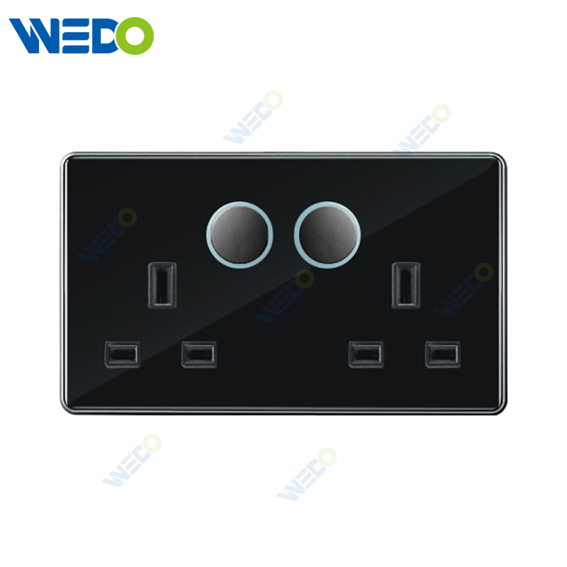 S7 Series Double 13A Switched Socket with LED Light Ring 250V Light Electric Wall Switch Socket Tempered Glass Material with Chrome Frame Modern Sockets
