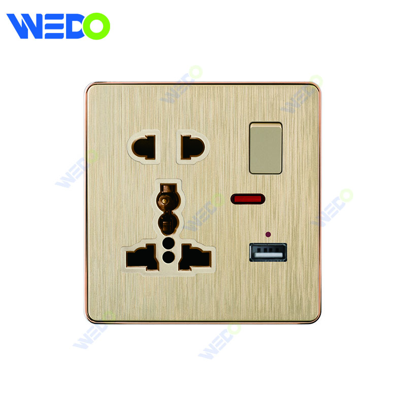 C72 China 5PIN MF SWITCHED SOCKET WITH NEON+USB Electric Push Button Light Wall Switch Many Colors White Silver Gold with Chrome