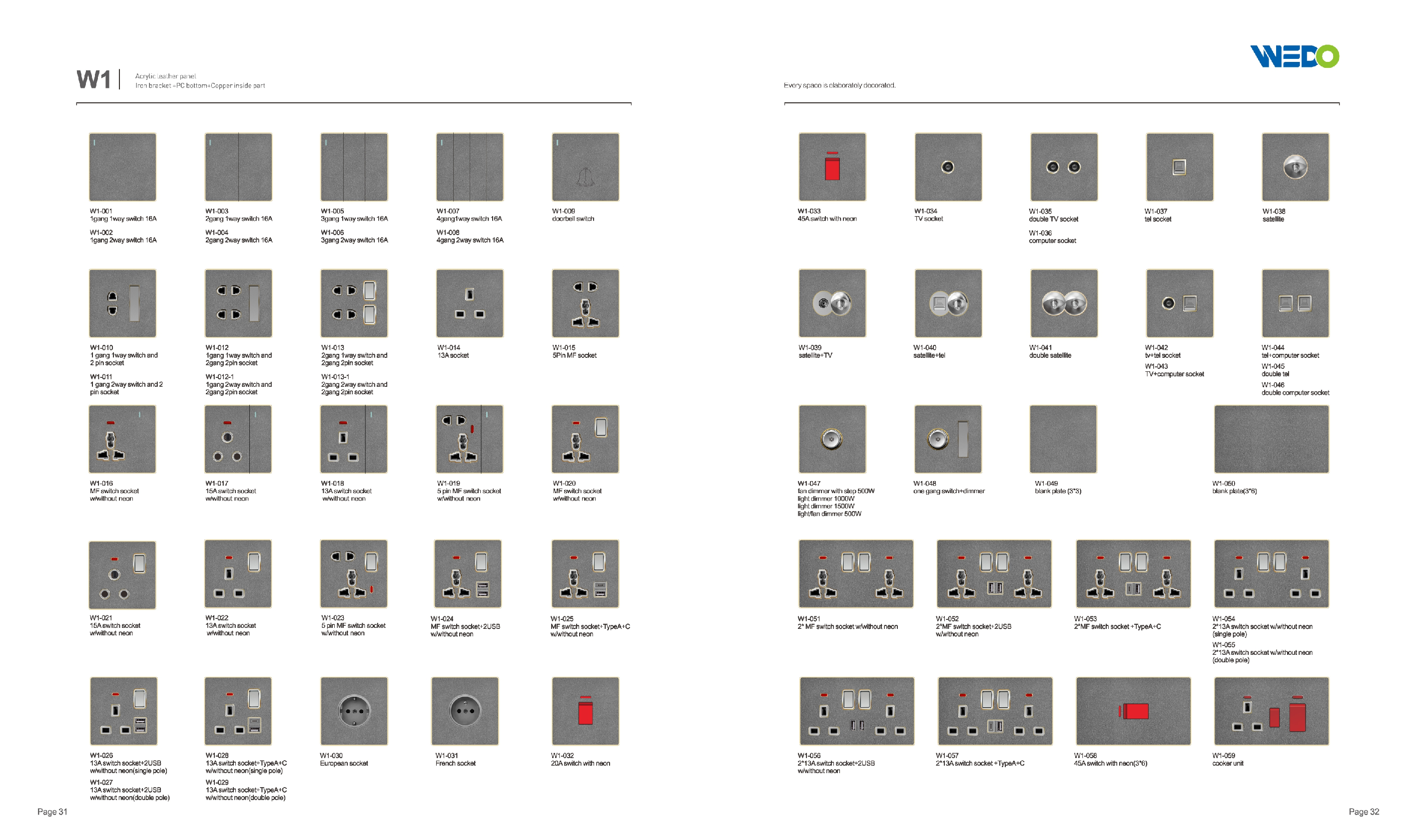 ULTRA THIN W1 Series 4Gang 2way Switch And Socket Glass And Acrylic 16A 220V Different Color Different Style Fashion Design Wall Switch 