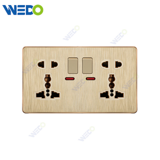 C72 China DOUBLE 5PIN SWITCHED SOCKET WITH NEON Electric Push Button Light Wall Switch Many Colors White Silver Gold with Chrome