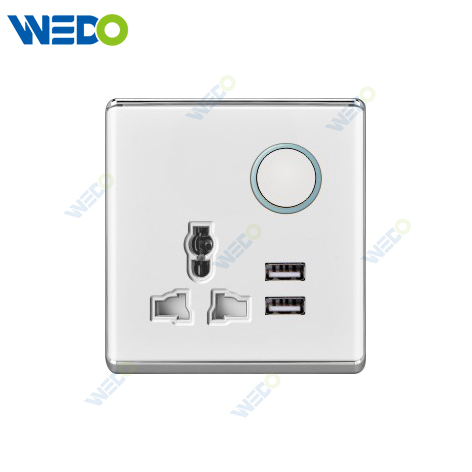 S2-W Home Switches 13A MF Switched Socket with Light Ring+2USB 250V Light Electric Wall Switch Socket PC Material with Chrome Frame