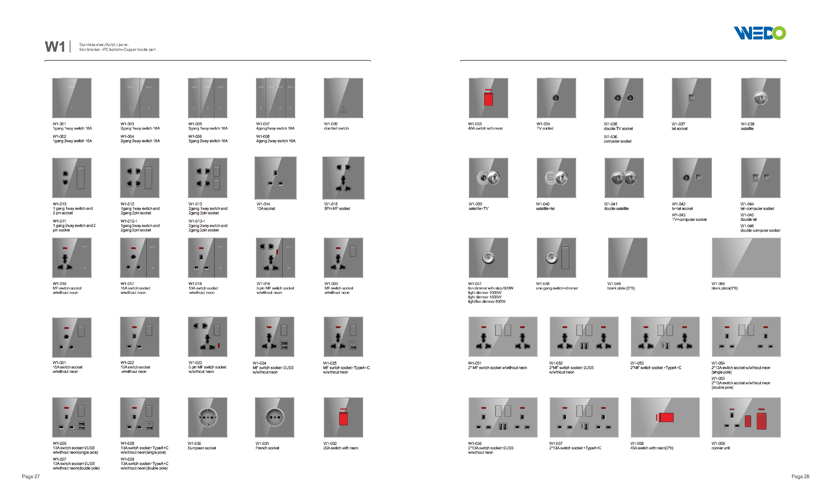ULTRA THIN W1 Series 4Gang 2way Switch And Socket Glass And Acrylic 16A 220V Different Color Different Style Fashion Design Wall Switch 