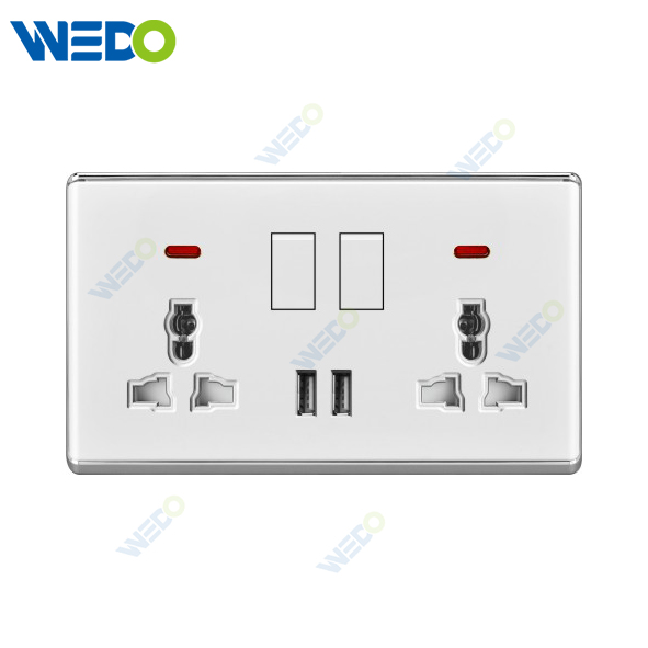 S2-W Home Switches Double 13A MF Switched Socket with Light Ring+2USB 250V Light Electric Wall Switch Socket PC Material with Chrome Frame