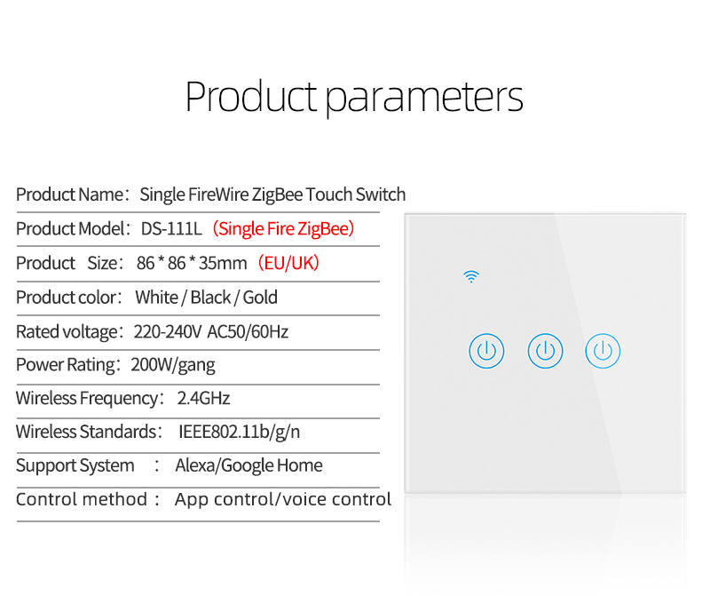 White Black Gold Europe Standards BS National ZigBee Support Voice Speakers Smart Touch Switch 10A 