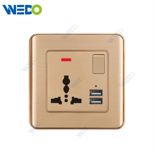 C32 Aluminium Gold 15A 3 Pin Multi Function Socket with Neon +2USB