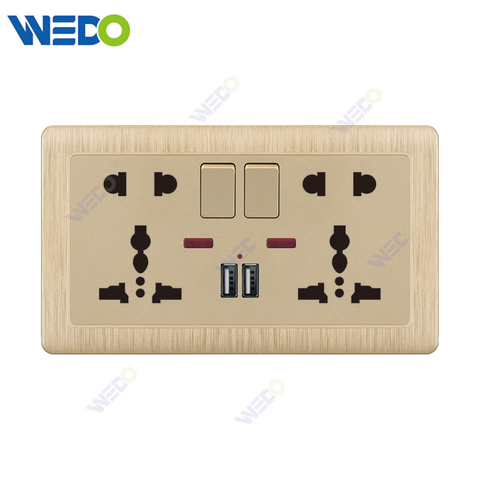 C20 86mm*86mm Home Switch White/silver/gold DOUBLE 5PIN MF SWITCHED SOCKET WITH NEON +2USB Light Electric Wall Switch PC Cover with IEC Certificate