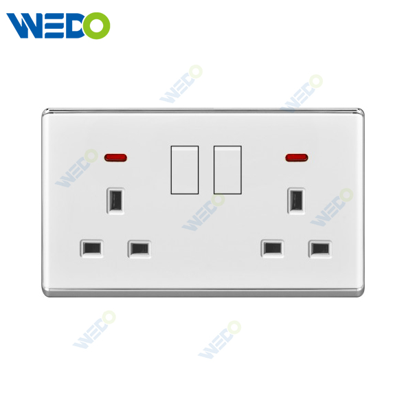 S2-W Home Switches Double13A Switched Socket with Light Ring 250V Light Electric Wall Switch Socket 86*86cm PC Material with Chrome Frame