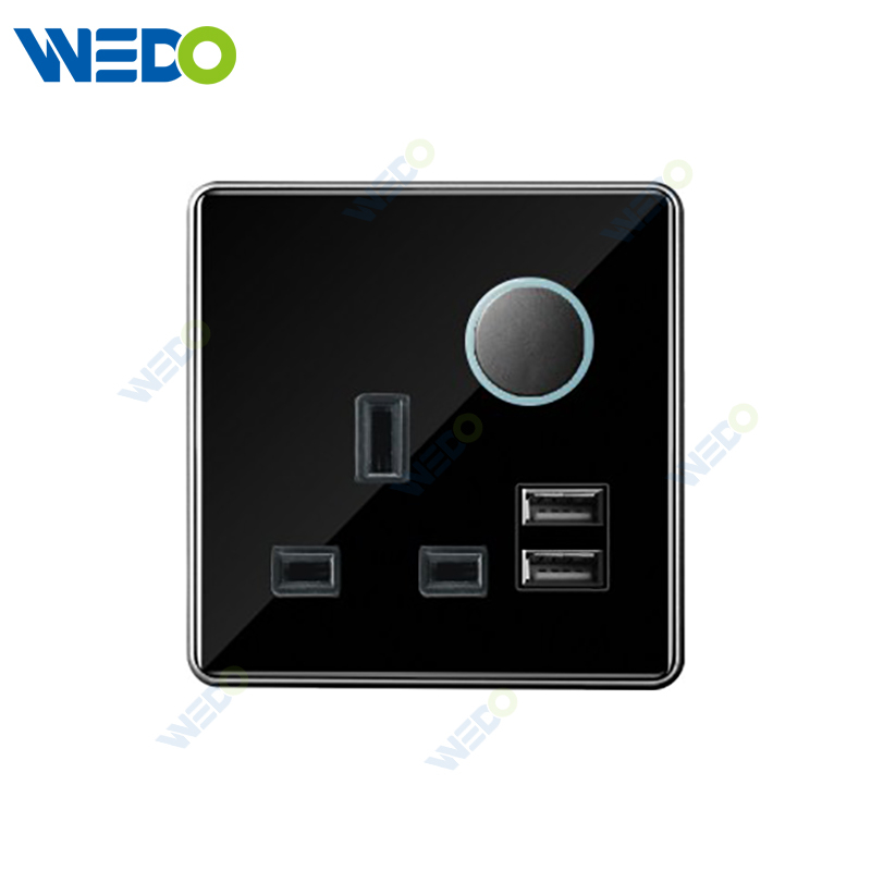 S7 Series 13A Switched Socket with LED Light Ring+2USB 250V Light Electric Wall Switch Socket Tempered Glass Material with Chrome Frame Modern Sockets