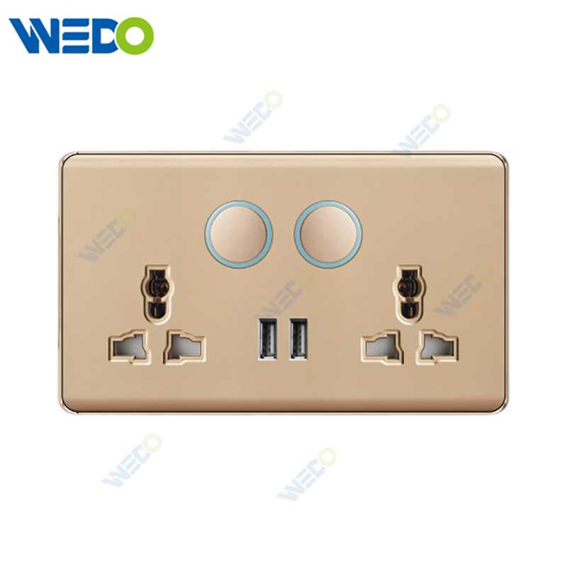 K2-P Series Double13A Switched Socket with LED Light Ring+2USB 250V Light Electric Wall Switch Socket 86*86cm PC Material with Chrome Frame Home Switches Twist Pattern